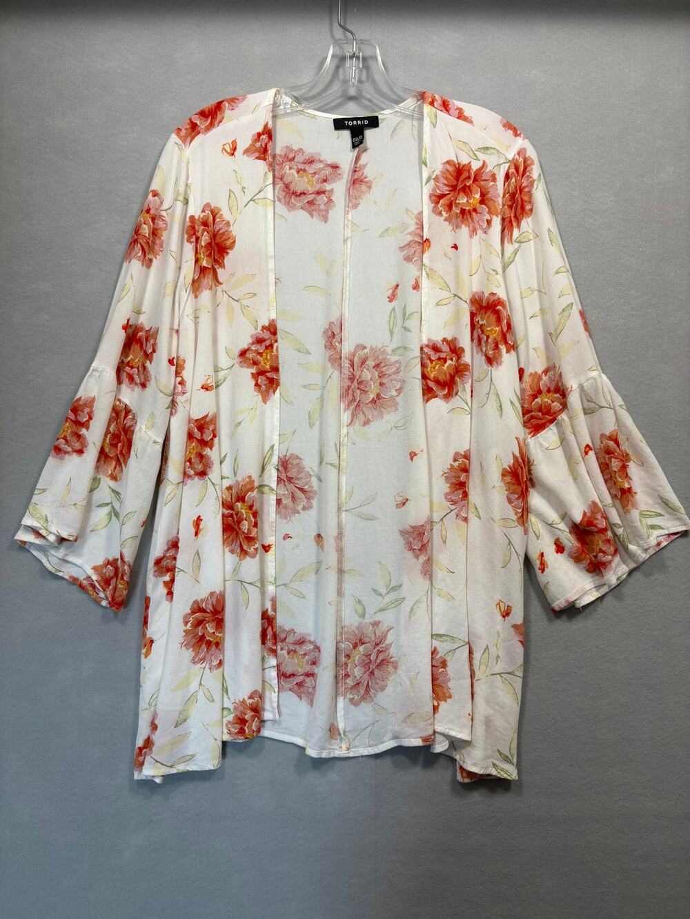 Torrid Floral Bell Sleeve Kimono Wrap Cardigan White Orange Plus Size 00/0 M/L